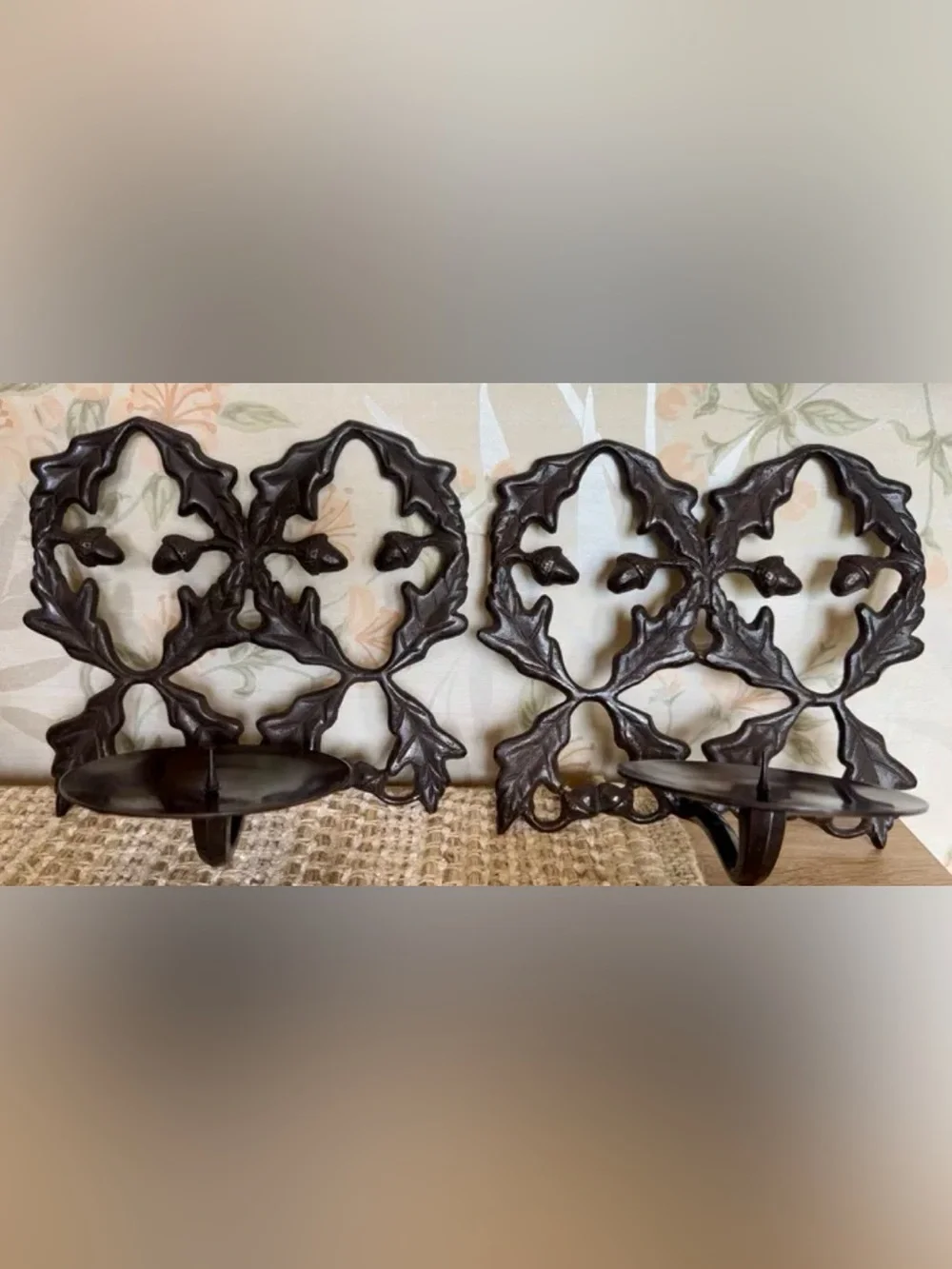 Vintage Mid Century Cast Iron Candle Sconces Acorn Design Pair